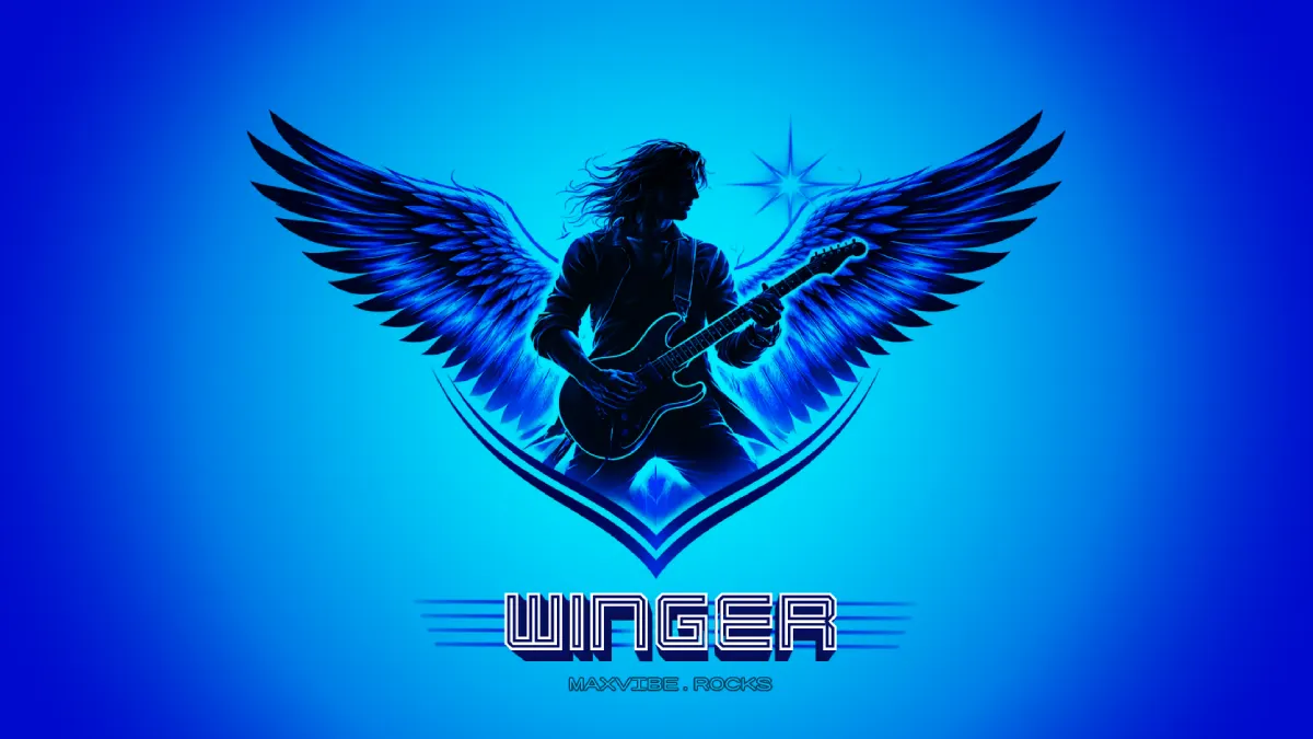 Winger band logo with blue angel wings illustration