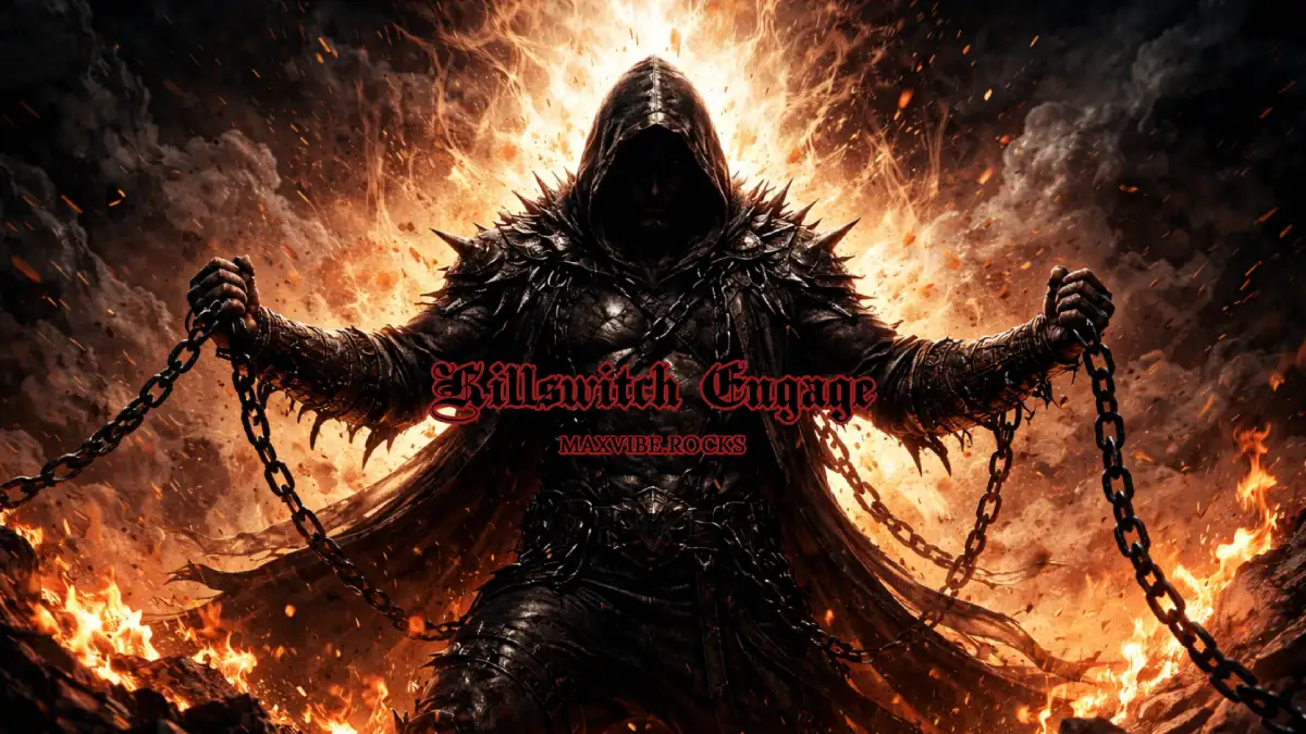 A hooded warrior stands amid raging flames and smoke, gripping broken chains in both hands as sparks and embers explode around him, symbolizing rage, liberation, and rebirth.